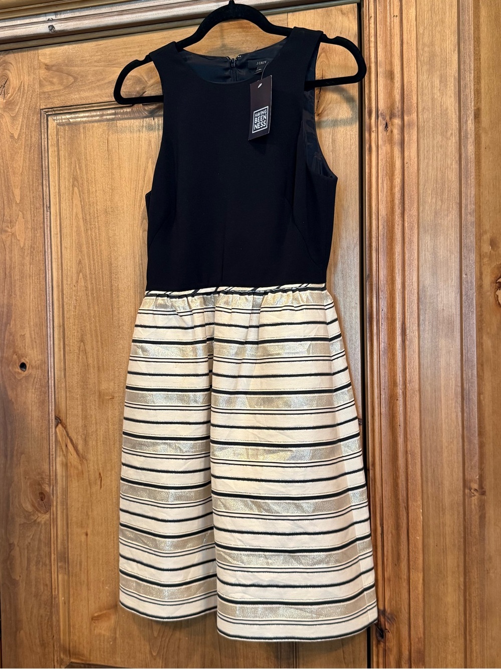 NWT J.Crew Fit & Flare Dress Size 4 Black Ivory Gold Metallic Stripe Sleeveless